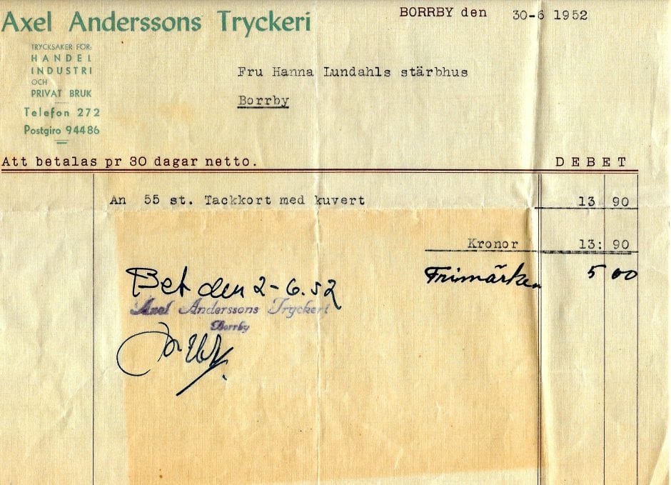 A Anderssons Tryckeri räkning 1952